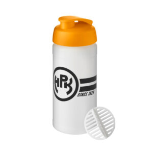 Shaker mustalla HPK-logolla ja oranssilla kannella