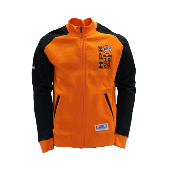 oranssi collegetakki mustilla hihoilla. Rinnassa HPK-logo sekä teksti HPK est 1929