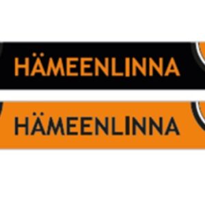 Fanihuivi Hämeenlinna-tekstillä ja HPK-logoilla molemmissa päissä, toinen puoli musta, toinen oranssi