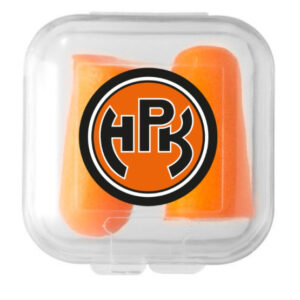 oranssit korvatulpat, rasiassa HPK-logo