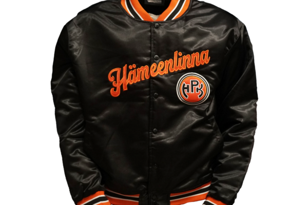 musta satiinitakki oranssilla Hämeenlinna-tekstillä sekä HPK-logolla
