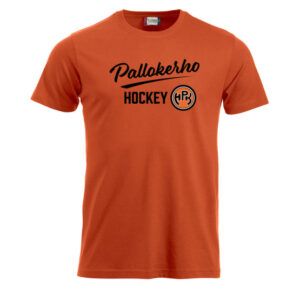 oranssi t-paita, missä mustalla teksti Pallokerho Hockey sekä HPK-logo