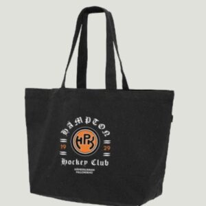 musta kangaskassi, jossa printti Hämpton Hockey Club 1929 Hämeenlinnan Pallokerho HPK-logon ympärillä