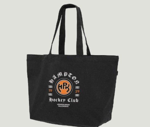 musta kangaskassi, jossa printti Hämpton Hockey Club 1929 Hämeenlinnan Pallokerho HPK-logon ympärillä